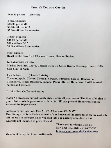 Amish Meal at the home of Earl & Lisa Miller menu 1